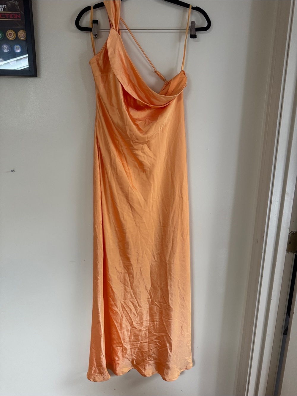 Selfie Leslie Peach Satin one shoulder  Neck Maxi Dress